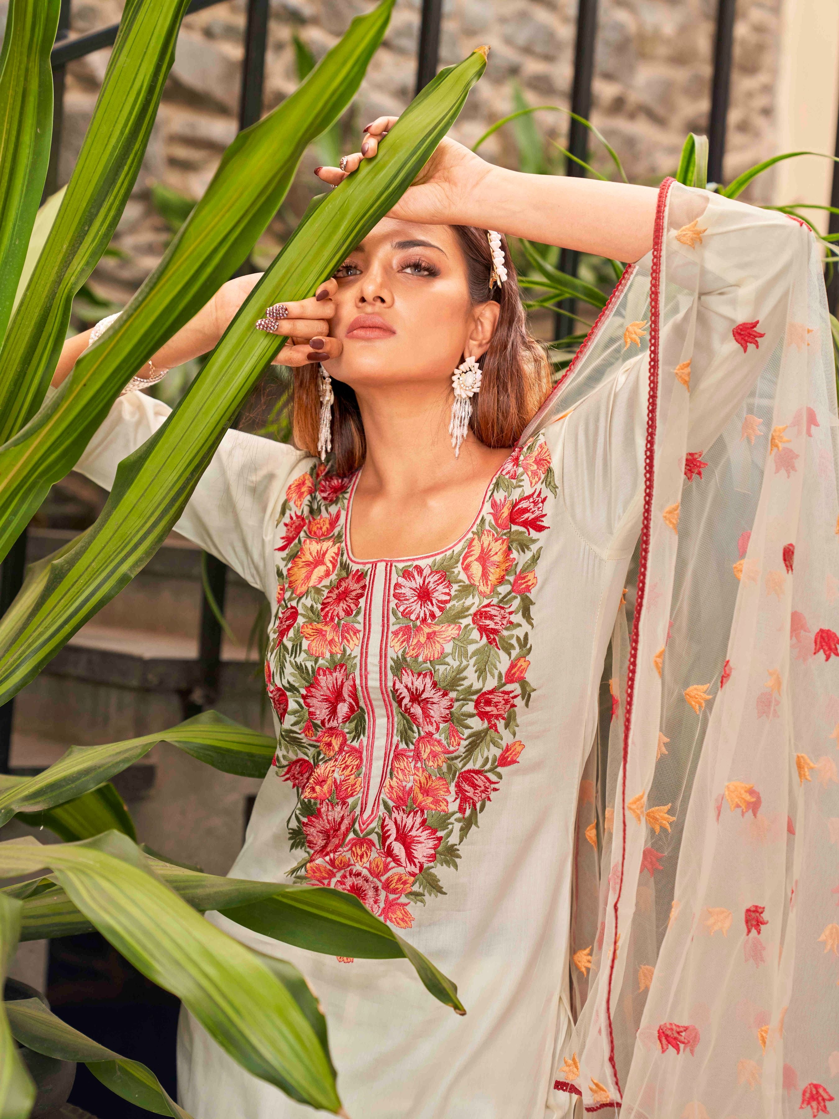 Floral Embroidered Cotton Blend Kurta with Trousers & Dupatta